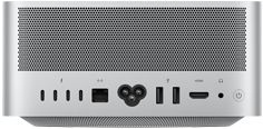 Mac Studio, отзад, перфориран алуминиев изход, четири Thunderbolt 5 порта, един Ethernet, един електрически контакт, два USB-A, един HDMI, един жак за слушалки и бутон за включване
