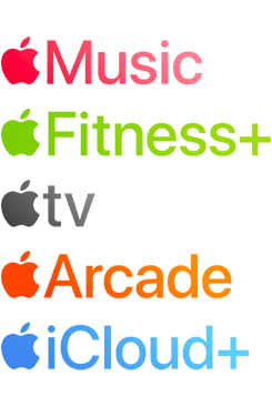 Logotipos de serviços de assinatura da Apple, incluindo Apple Music, Fitness+, Apple TV, Apple Arcade e iCloud