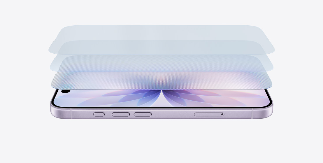 Imagem horizontal do iPhone 17 lavanda, com design em camadas que mostra o Ceramic Shield 2