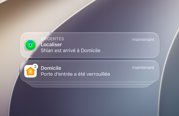 Écran verrouillé affichant des notifications de Localiser et de Domicile.