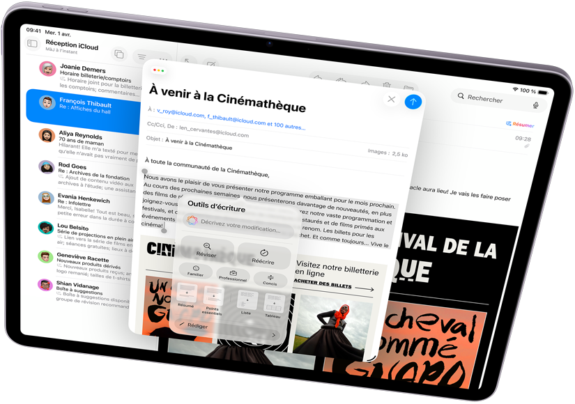 iPad Air en orientation paysage, mettant en valeur Apple Intelligence, avec les outils d’écriture et Mail