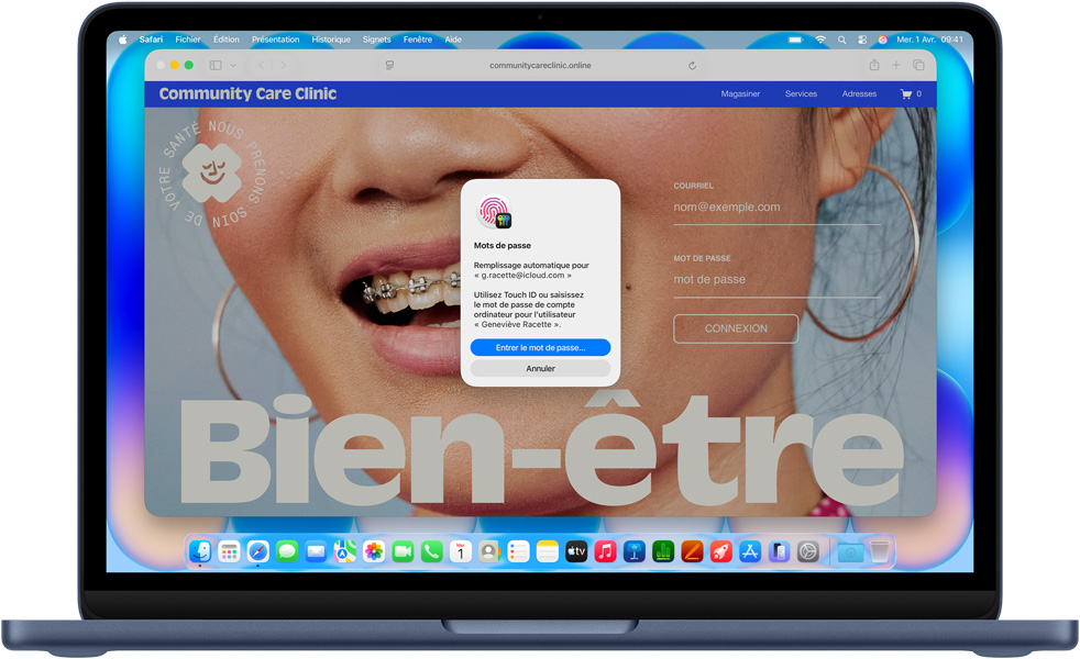 MacBook Neo, indigo, fenêtre Safari de connexion avec Touch ID ou un mot de passe pour accéder au site web Community Care Clinic