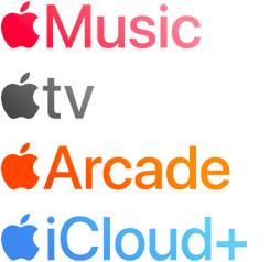 Logotipos de servicios de suscripción de Apple, como Apple Music, Apple TV, Apple Arcade y iCloud