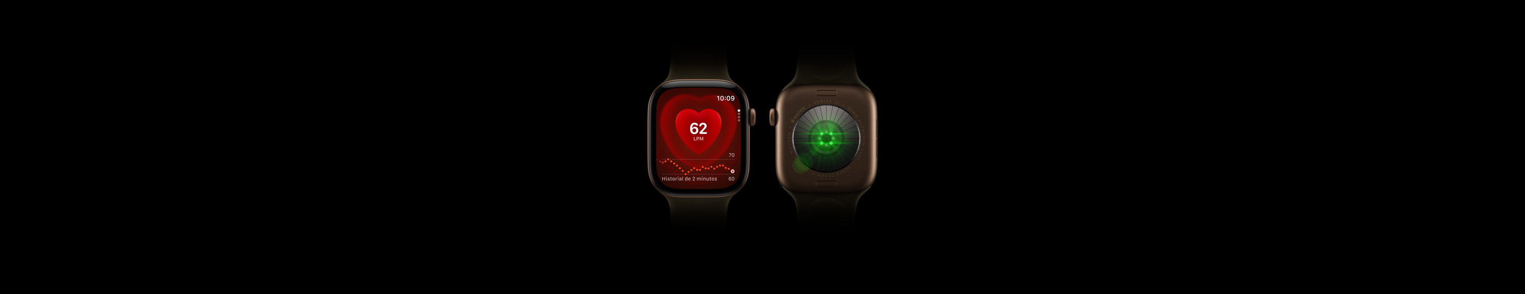 Dos dispositivos Apple Watch Series 12, caja de aluminio, color bronce oscuro, correa deportiva color oliva, uno muestra la parte frontal del reloj con la app Frecuencia Cardiaca, el otro muestra la parte trasera del reloj con el sistema de registro de datos de salud con luces LED verdes