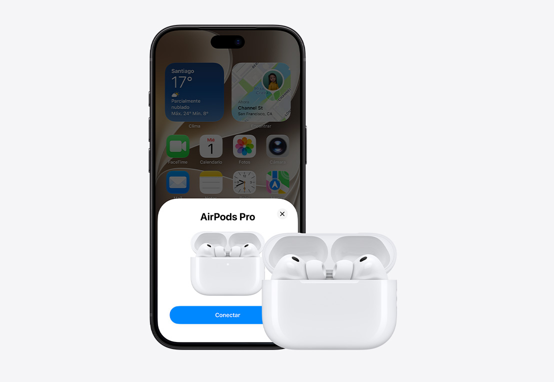 iPhone 18 Pro, parte frontal, app Apple Music con la pantalla de inicio abierta, junto a unos AirPods Pro 3 en un Estuche de Carga MagSafe abierto