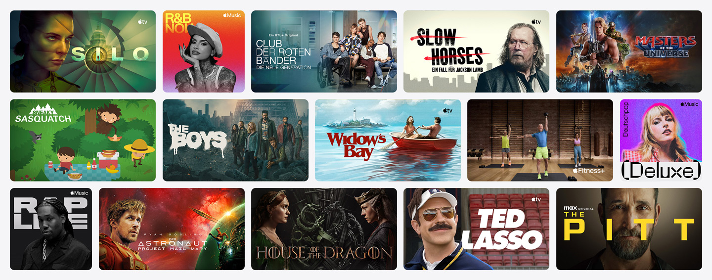 Raster mit Postern von Apple TV, Apple Music, Apple Fitness+, Apple Arcade und Channel Partnern