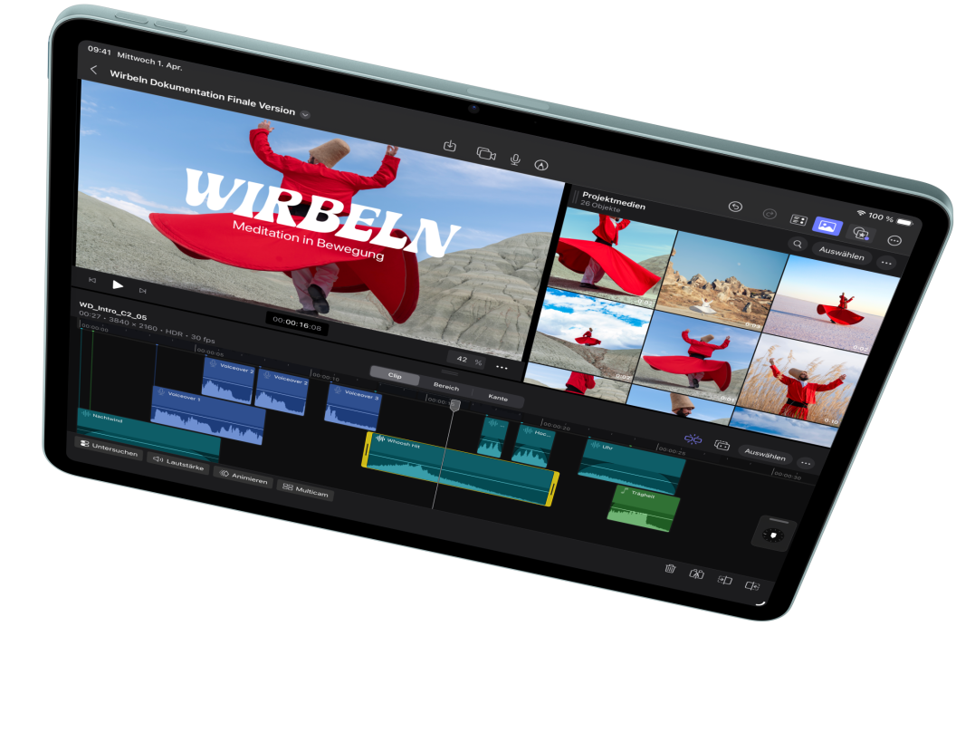 Ein iPad Air im Querformat, auf dem Videoschnitt in Final Cut Pro gezeigt wird