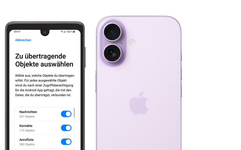 Android Display mit App „Auf iOS übertragen“ neben einem iPhone 17, Rückansicht, fortschrittliches Zwei-Kamera-System oben links