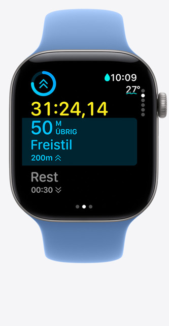 Apple Watch Series 12, Aluminiumgehäuse, Farbe Space Grau, Bildschirm für Training trackt Beckenschwimmen, Messwerte auf dem Display, Sportarmband, Farbe Hyazinthenblau