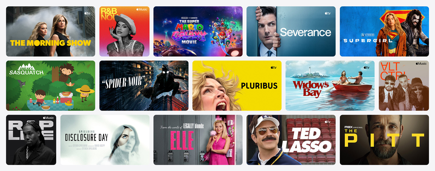 Gitter med plakater fra Apple TV, Apple Music, Apple Fitness+, Apple Arcade og partnerkanaler