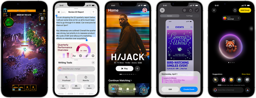 Side-by-side iPhone 17e devices showing different screens: a game being played, Writing Tools, Apple TV app, a calendar event being created, a Genmoji being created