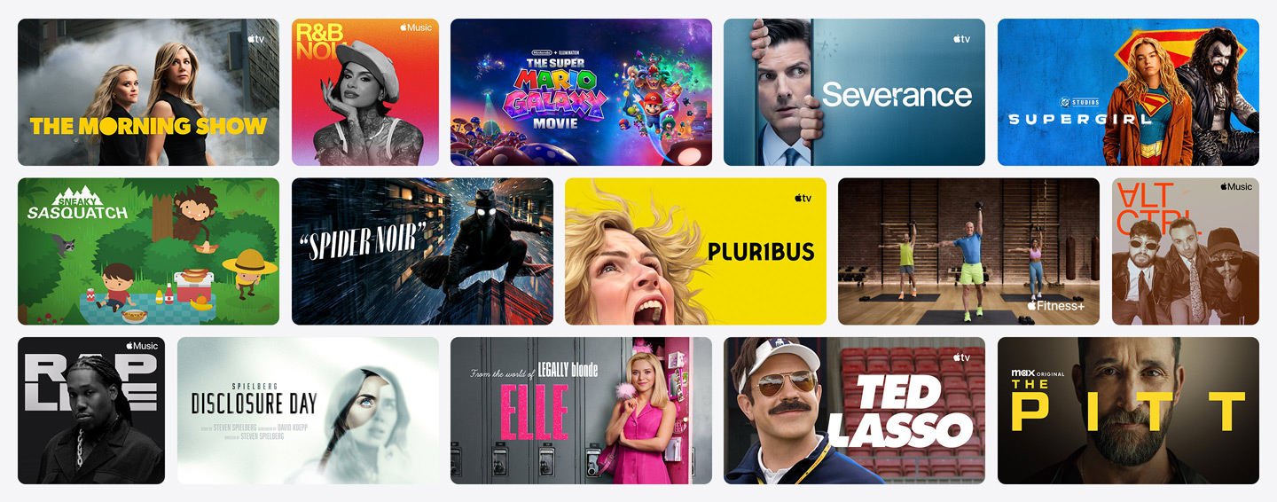 Grelha de imagens promocionais da Apple TV, Apple Music, Apple Fitness+, Apple Arcade e parceiros de canal