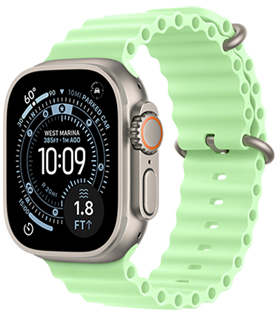 Apple Watch Ultra 3, natural colour titanium case, Orienteering watch face, complications: UV Index, Activity, Compass, right side exterior, Digital Crown, microphone, side button, Ocean Band, neon green colour