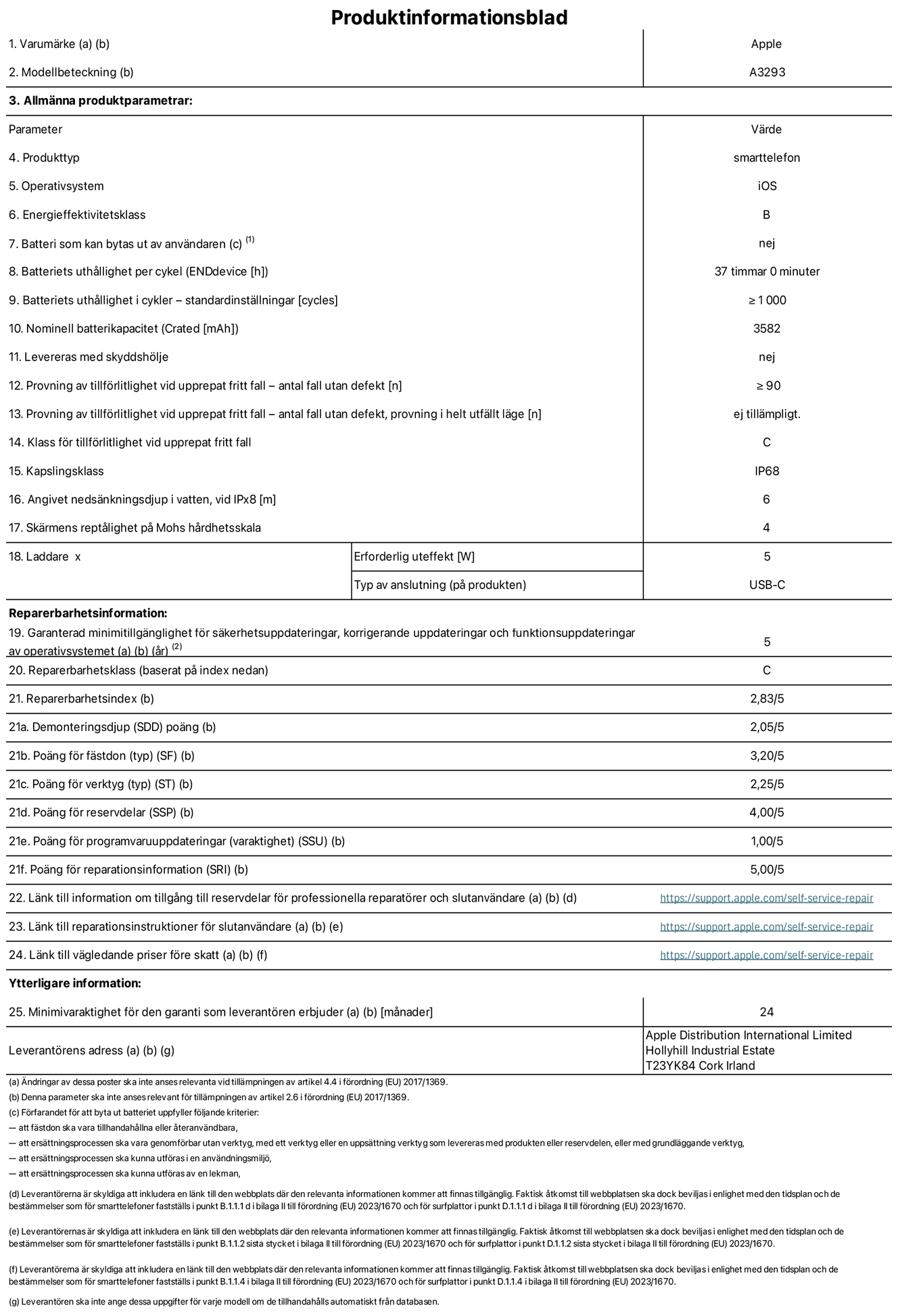 Produktinformationsblad för iPhone 16 Pro, modell A3293. Tillhandahålls av Apple Distribution International Limited, Hollyhill Industrial Estate. Cork, Irland T23 YK84. Enhetstyp: smartphone. Operativsystem: iOS. Energieffektivitetsklass: B. Batteri som kan bytas ut av användaren: nej. Batteritid per laddningscykel: 37 timmar. Batteriets livslängd i antal cykler – standardinställningar: ≥ 1000. Nominell batterikapacitet: 3582 mAh. Levereras med skyddsfodral: nej. Tillförlitlighetstest vid upprepat fritt fall – antal fall utan defekter: ≥ 90. Tillförlitlighetstest vid upprepat fritt fall – antal fall utan defekter testat i helt utfällt läge: ej tillämpligt. Tillförlitlighet vid upprepat fritt fall: klass C. IP-klass: IP68. Angivet nedsänkningsdjup vid iPx8: 6. Skärmens reptålighet enligt Mohs hårdhetsskala: 4. Laddare – uteffekt som krävs: 5 W. Typ av uttag på laddaren: usb-c. Garanterad minimiperiod för tillgång till säkerhetsuppdateringar, korrigerande uppdateringar och funktionsuppdateringar av operativsystemet: 5 år. Reparerbarhetsklass: C. Reparerbarhetsindex: 2,83/5. Poäng för demonteringsdjup (SDD): 2,05/5. Poäng för fästen: 3,20/5. Poäng för verktyg: 2,25/5. Poäng för reservdelar: 4,00/5. Poäng för mjukvaruuppdateringar: 1,00/5. Poäng för reparationsinformation: 5,00/5. Länk till information om tillgängliga reservdelar för professionella reparatörer och slutanvändare: https://support.apple.com/self-service-repair. Länk till reparationsanvisningar för slutanvändare: https://support.apple.com/self-service-repair. Länk till vägledande priser före skatt: https://support.apple.com/self-service-repair. Produkten omfattas av 12 månaders garanti.
