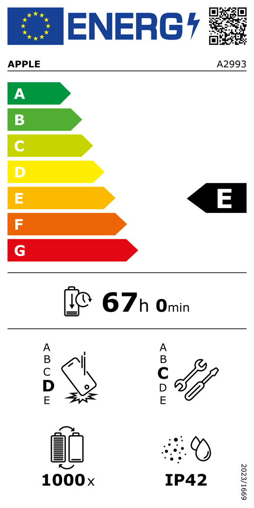 EU Energy Label QR code and information, Apple model A2993, class E, energy efficiency classes (with a scale from A to G), A (most efficient) to G (least efficient), battery endurance per cycle, 67 hours and 0 minutes per full battery charge, repeated free fall reliability class D, A (most robust) to E (least robust), repairability class C, A (most repairable) to E (least repairable), 1000 battery endurance in cycles, dust and water ingress protection (IP) rating IP42, regulation 2023/1669
