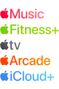 Loghi dei servizi Apple che richiedono un abbonamento, tra cui Apple Music, Fitness+, Apple TV+, Apple Arcade, iCloud+
