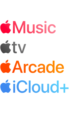 Logoer for Apples abonnementsbaserede tjenester, herunder Apple Music, Fitness+, Apple TV, Apple Arcade og iCloud+