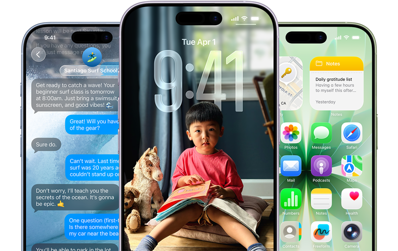 iPhone 17 devices, front exterior, colors: mist blue, lavender, sage, iOS features - Background with messages, Liquid Glass showing the Lock Screen and Home Screen with various apps displayed