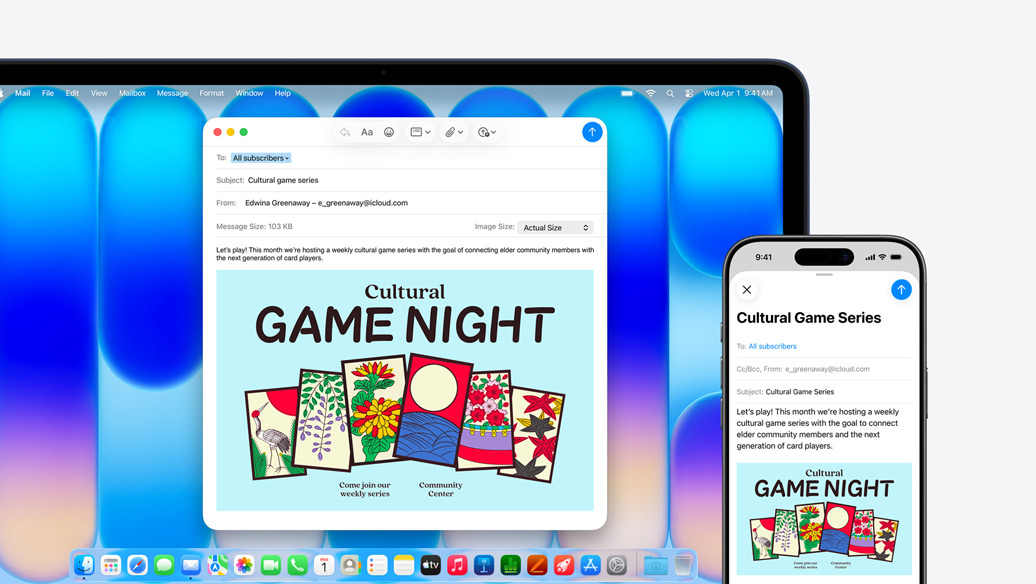 MacBook Neo, couleur indigo, à côté d’un iPhone, les deux écrans affichent le même e-mail annonçant un évènement dans un centre communautaire