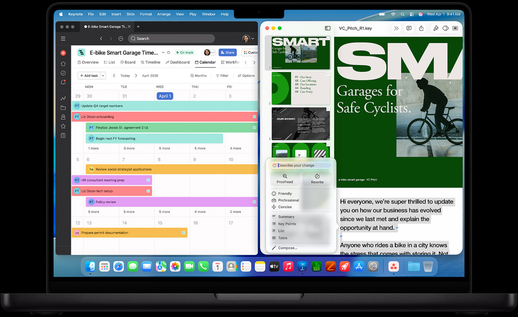 MacBook Pron näytöllä esillä Asana ja Keynote