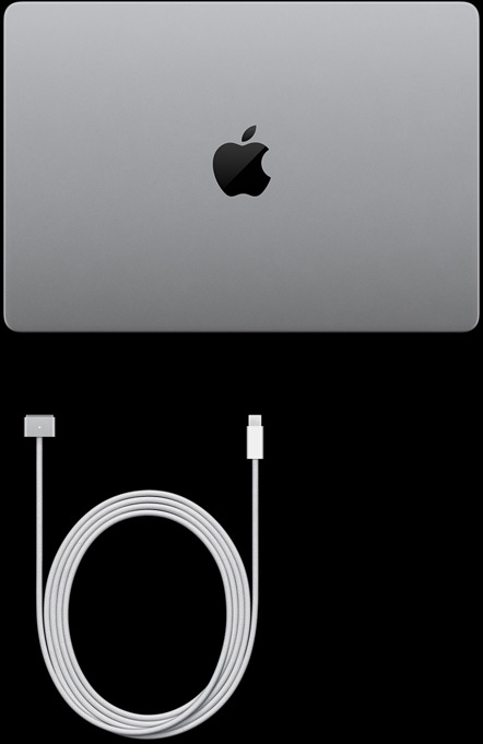 Lukket sølvfarvet MacBook Pro med PROLED XDR-skærm, USB‑C-opladerkabel og strømforsyning