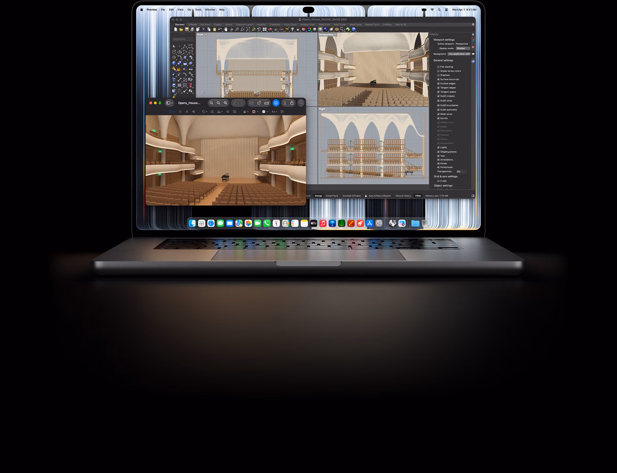 Sølvfarvet 16-tommers MacBook Pro med PROLED XDR-skærm, der viser et objekt blive modelleret i Rhino