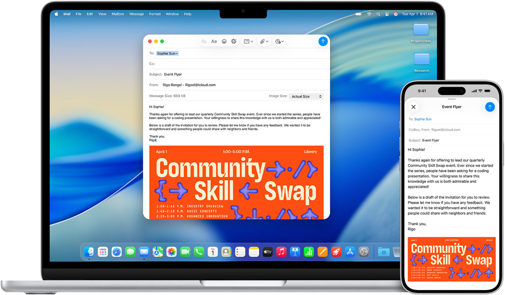 iPhone 16 Plus, 13" MacBook Air, Mail App geöffnet, der gleiche E‑Mail Entwurf wird auf beiden Displays angezeigt