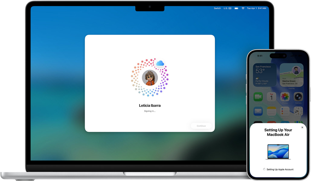 13" MacBook Air und iPhone 16 Plus, macOS wird auf dem MacBook installiert, das iPhone zeigt Aufforderungen zum Einrichten