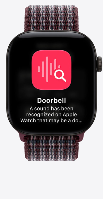 Apple Watch Series 12 com caixa em alumínio preto, ecrã de conversas afixadas, Loop desportiva bordô-xadrez