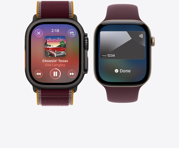 Apple Watch Ultra 4 com caixa em titânio preto, com a app Apple Music a tocar música, Loop Trail bordô; Apple Watch Series 12 com caixa em alumínio dourado‑claro, ecrã do Apple Pay com Apple Card, Loop desportiva bordô