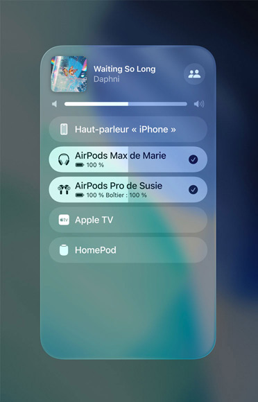 Écran AirPlay sur un iPhone montrant comment partager facilement un flux audio entre deux paires d’AirPods