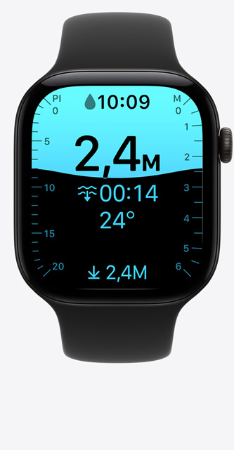 Apple Watch Series 12, boîtier en aluminium, noir, écran de l’app Profondeur, plongée à 2,40 mètres, Bracelet Sport, noir