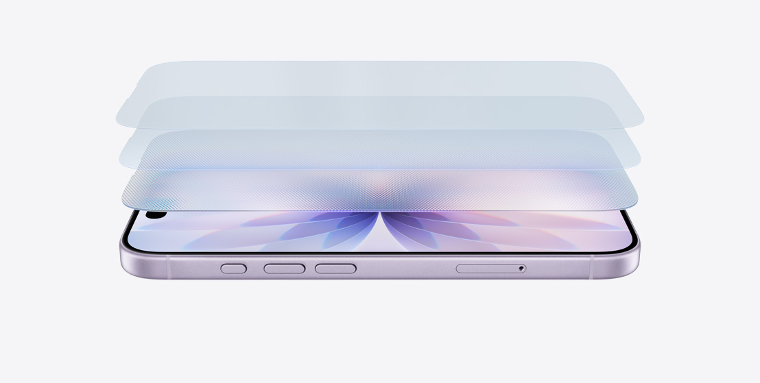 iPhone 17 οριζόντια στο πλάι, σε φινίρισμα Λεβάντα, με πολυεπίπεδο σχεδιασμό που αναδεικνύει το Ceramic Shield 2