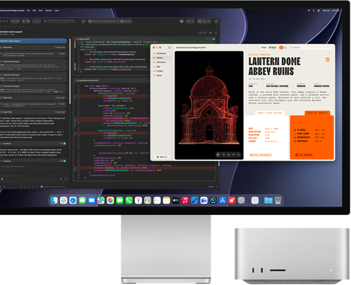 Studio Display XDR, η οθόνη εμφανίζει ένα έγγραφο υπό επεξεργασία στο Claude Agent στο XCode, Mac Studio, μπροστινή όψη