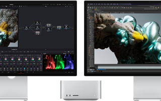 Οθόνη Studio Display και οθόνη Studio Display XDR, μία δίπλα σε κάθε πλευρά του Mac Studio, οι οποίες εμφανίζουν τον χώρο εργασίας του καλλιτέχνη, λογισμικό και εργαλεία μοντέλων 3D
