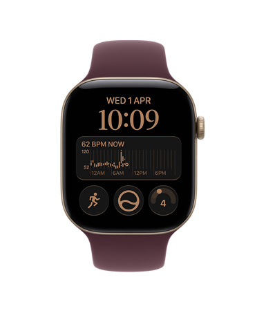 Apple Watch Series 12,淺金色鋁金屬錶殼,配搭布根地紅色運動錶帶,展示 Siri 組合錶面上的複雜功能,包括心率、跑步體能訓練、身體狀態