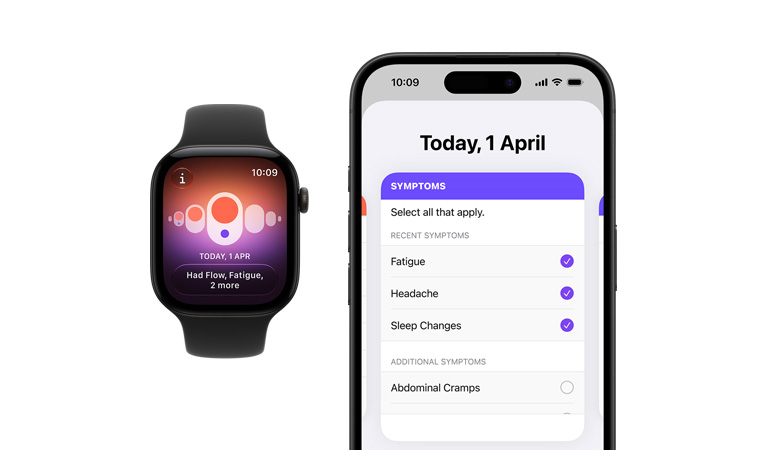 Apple Watch Series 12,黑色鋁金屬錶殼,配搭黑色運動錶帶,螢幕展示經期追蹤功能,已配對 iPhone 上的健康 app
