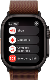 Apple Watch Ultra 4, kućište od titanija, crna boja, satelitska veza, desna bočna strana, Digital Crown, izdignuta bočna tipka, narukvica Alpine, bordo boja