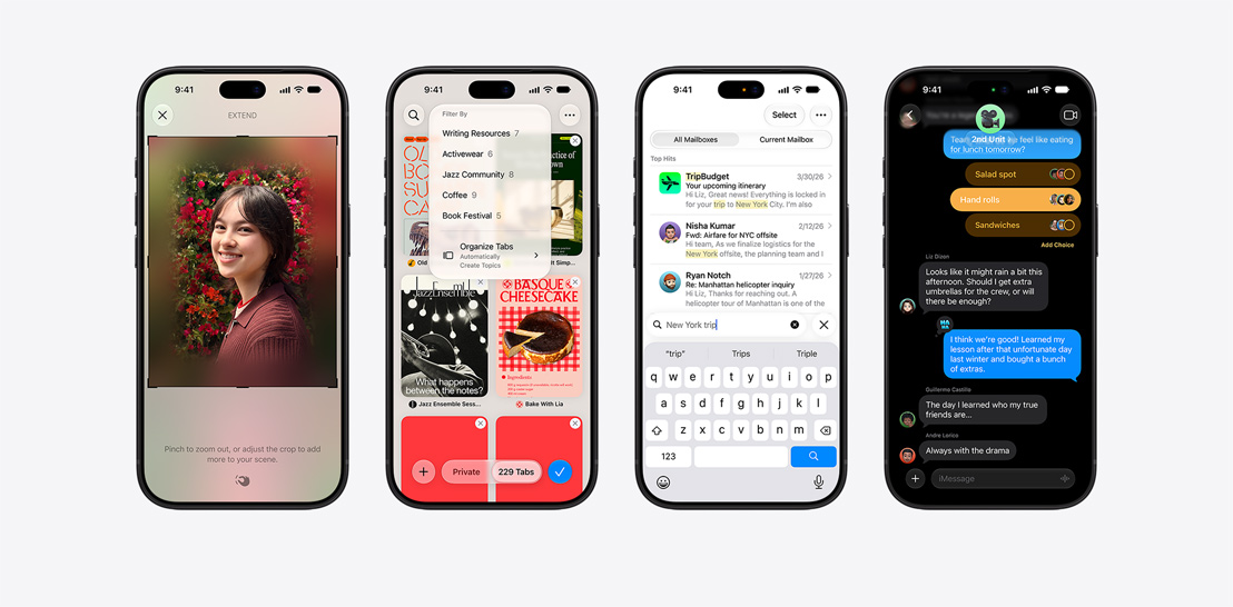 Niz iPhonea 17 i 17 Pro uređaja, svaki s različitim zaslonom koji prikazuje iOS 26 i značajke Apple Intelligencea