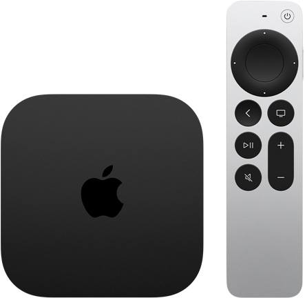 Egy fekete Apple TV 4K felülnézetből és egy ezüstszínű Apple TV Remote