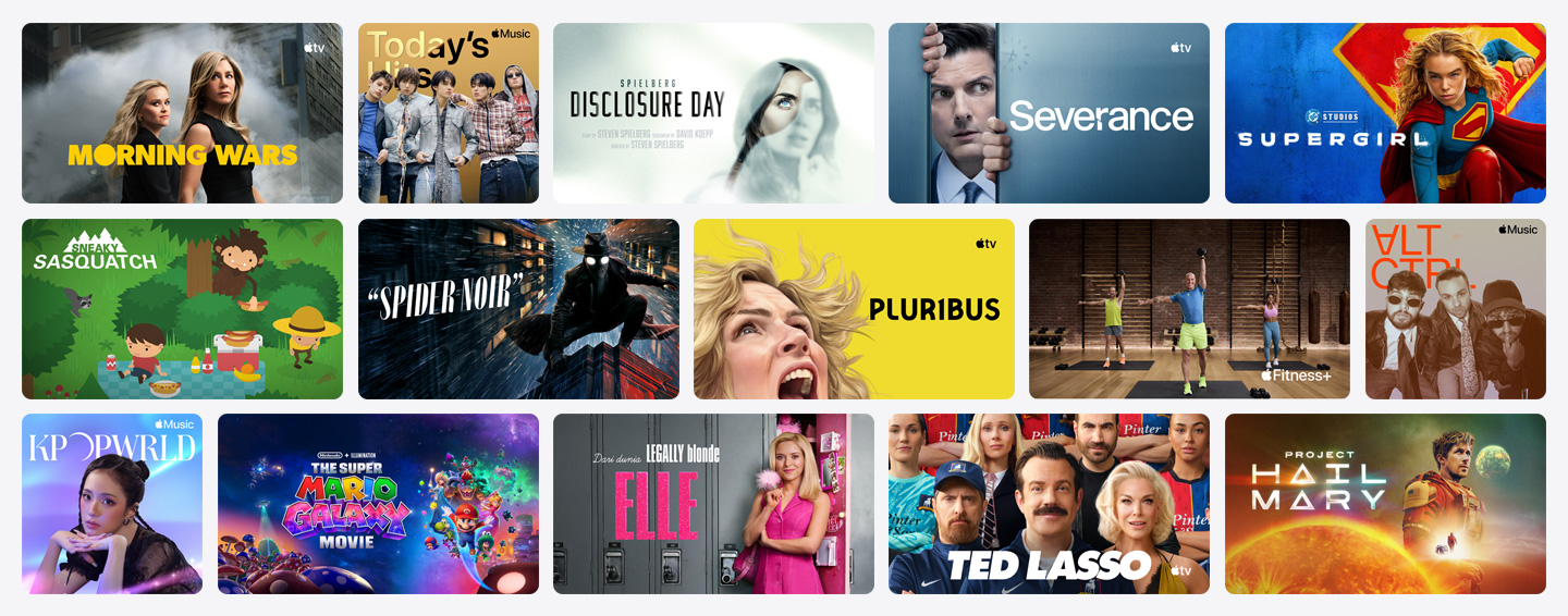 Grid desain poster dari Apple TV, Apple Music, Apple Fitness+, Apple Arcade, dan mitra channel