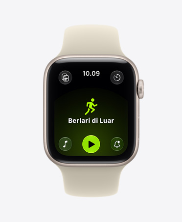 Apple Watch SE 3, aluminum case, starlight color, screen shows Workout app (outdoor run), right side exterior, Digital Crown dial, Sport Band, sand color (light tan)