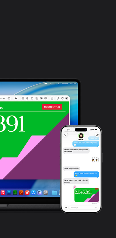 Mac yang menampilkan presentasi. Di depan Mac terdapat iPhone dengan komunikasi teks dan presentasi yang dibagikan.
