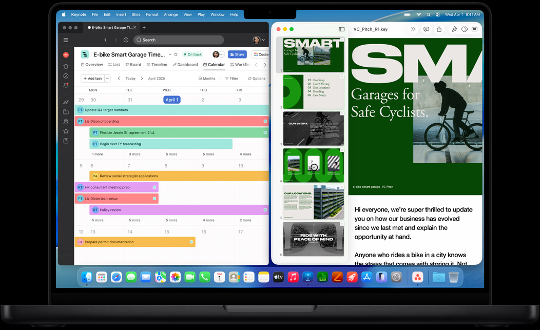 Layar MacBook Pro menampilkan Asana dan Keynote