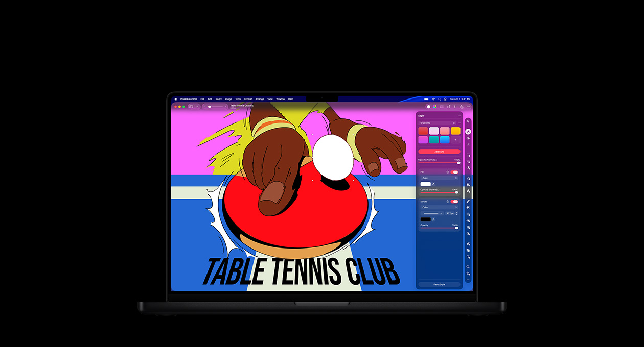 Layar MacBook Pro 16, poster warna-warni untuk Table Tennis Club, alat pengeditan warna