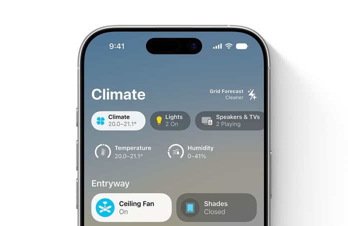iPhone screen displays Home app, Climate category, temperature and humidity dials, Entryway section shows ceiling fan and shades controls