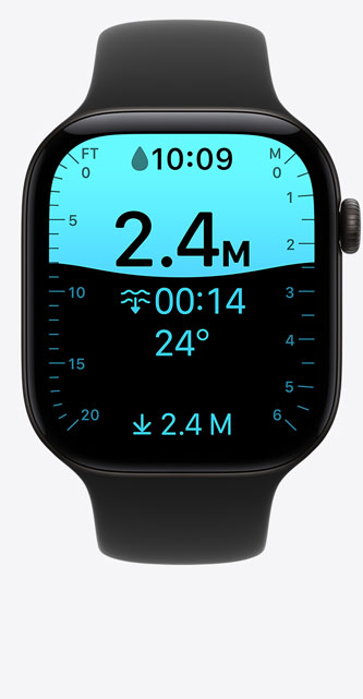 Apple Watch Series 12, aluminium case, black colour, Depth app screen, dive at 8 feet, Sport Strap, black colour