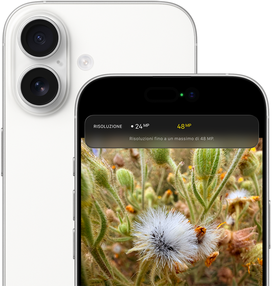 iPhone 17 bianco mostrato da dietro con angoli arrotondati, sistema a doppia fotocamera Fusion nell’angolo in alto a sinistra; mostrato da davanti, con Dynamic Island e angoli arrotondati