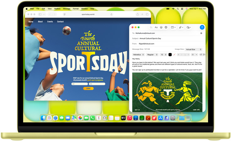 시트러스 색상 MacBook Neo에서 스포츠 이벤트 이메일 초대장을 작성 중인 모습 그리고 함께 열어둔 이벤트 웹사이트