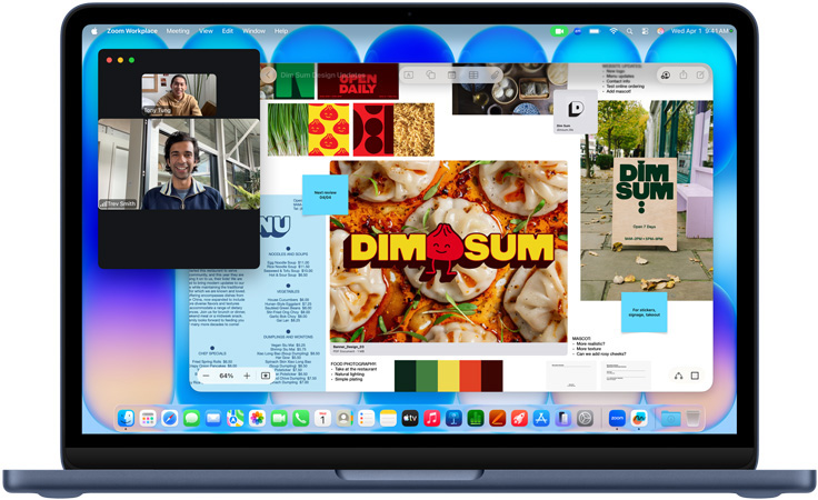 영상 통화가 진행 중인 인디고 색상 MacBook Neo에 메뉴가 있는 Freeform 윈도우, 음식 사진, 딤섬 식당의 일러스트레이션이 열려 있는 모습